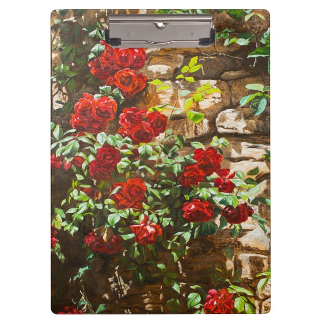 Red Roses Against a Stone Wall Clipboard (Front)