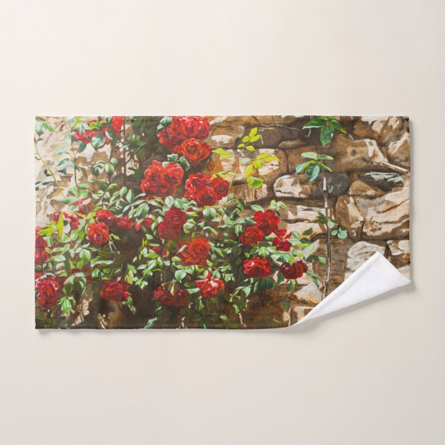 Red Roses Against a Stone Wall Hand Towel (Hand Towel)