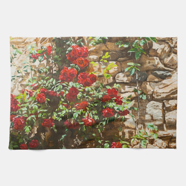 Red Roses Against a Stone Wall Kitchen Towel (Horizontal)