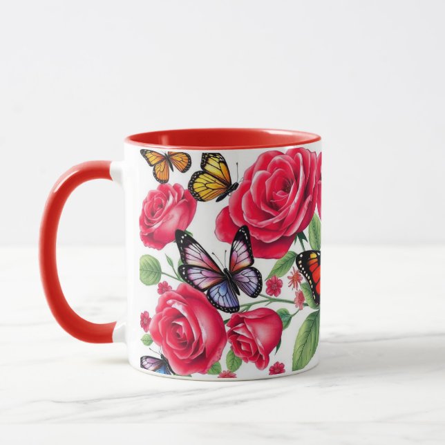 Red Roses And Butterflies Mug (Left)