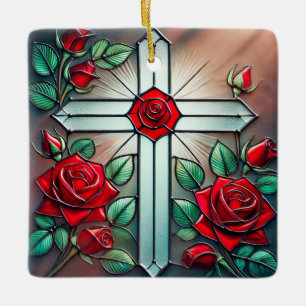Red Roses and Cross Ornament Suncatcher