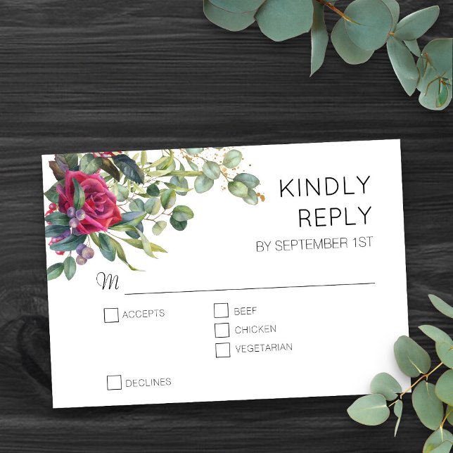 Red Roses and Eucalyptus Floral Wedding RSVP (Romantic floral wedding RSVP card with entrees, from my Red Rose and Eucalyptus Wedding Collection)