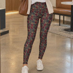 Red Roses and Gold Leaves Leggings