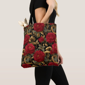 Red Roses and Golden Snakes Pattern Tote Bag