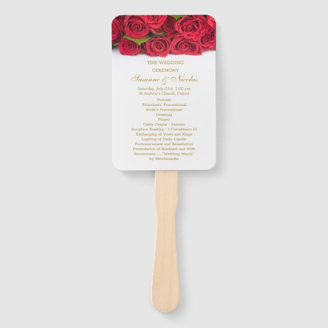 Red roses and hearts  Wedding program Hand Fan (Front)