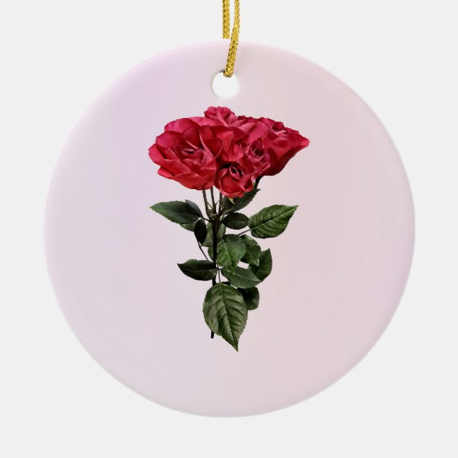 Red Roses and Leaves Ceramic Ornament (Front)