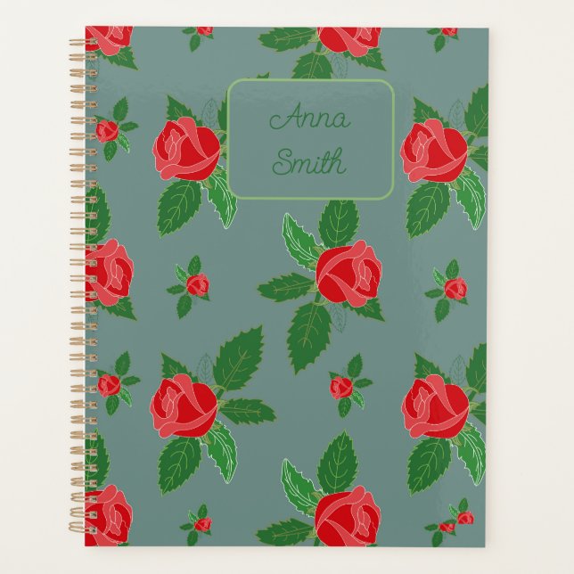 Red Roses and Leaves_ Floral Pattern Script Planner (Front)