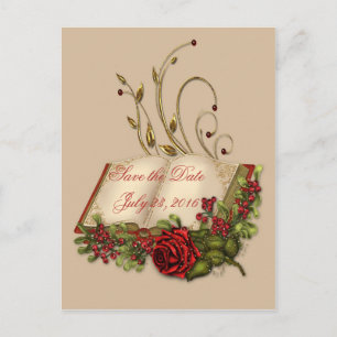 Red Roses and Open Bible Embellished Save the Date Announcement Postcard