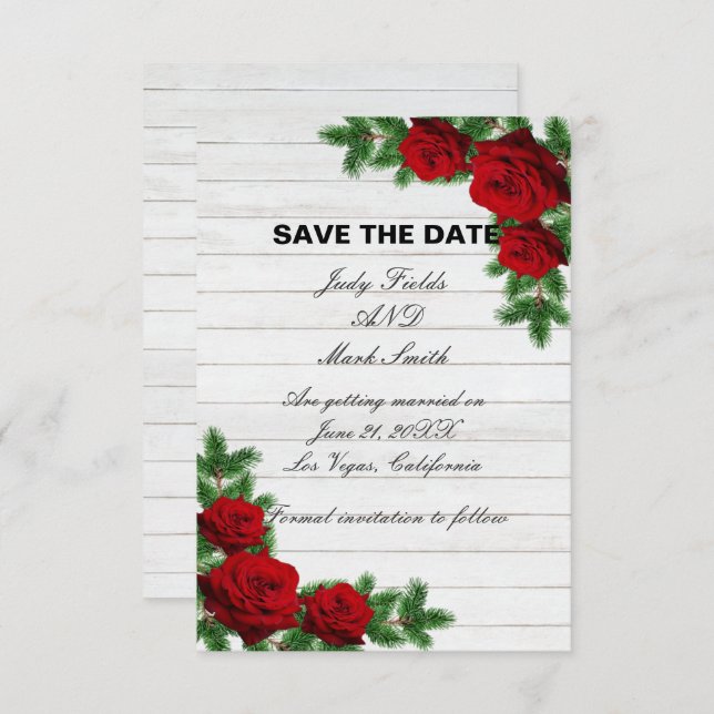 Red Roses And Pine Branch Christmas Save The Date (Front/Back)