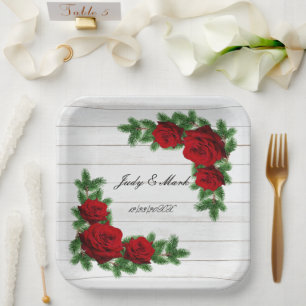 Red Roses And Pine Branch Christmas Wedding Paper Plate