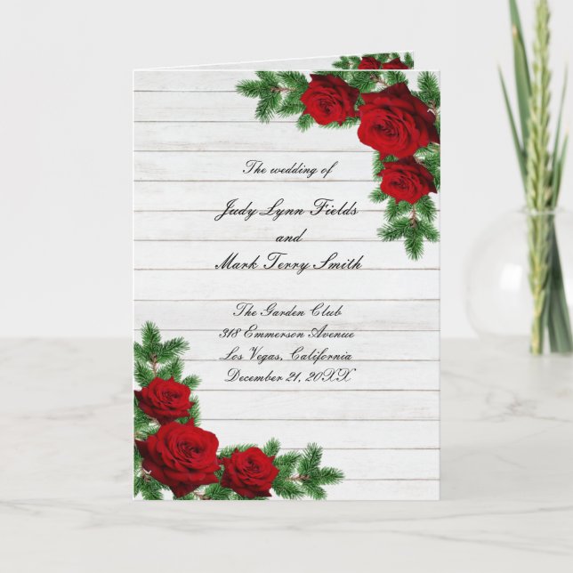 Red Roses And Pine Branch Christmas Wedding Program (Front)