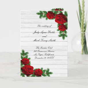 Red Roses And Pine Branch Christmas Wedding Program
