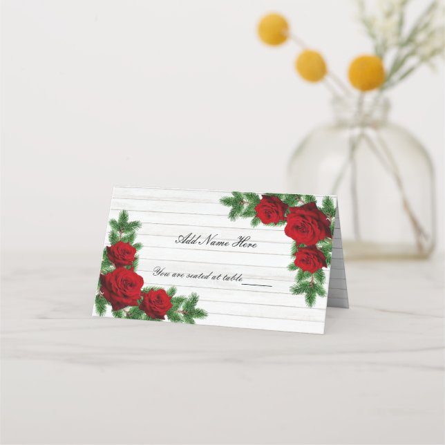 Red Roses And Pine Branch Christmas Wedding Table Place Card (Front)