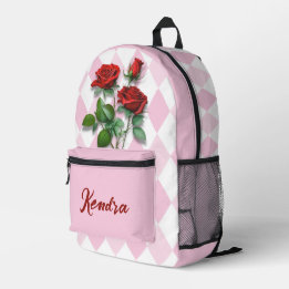 Red Roses and Pink and White Diamond Pattern Printed Backpack