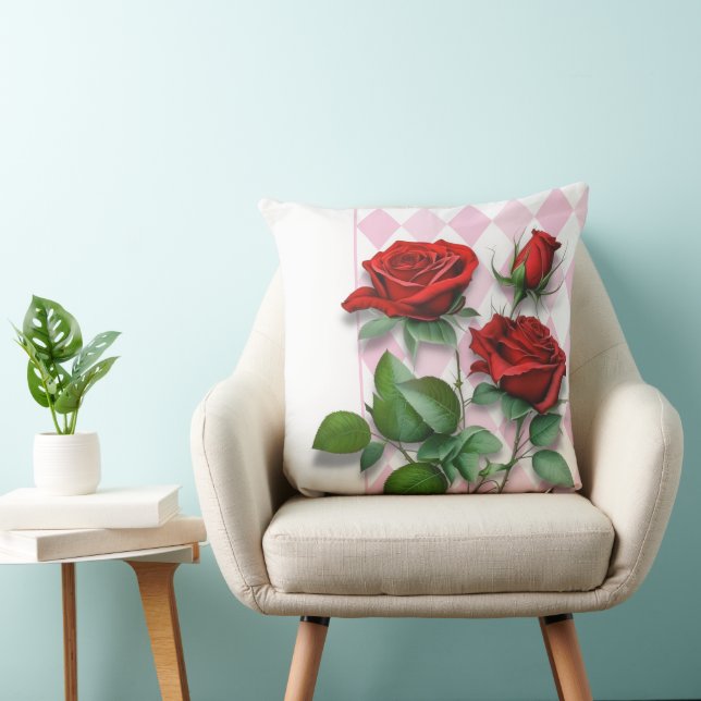 Red Roses and Pink and White Diamond Pattern Throw Pillow (Chair)