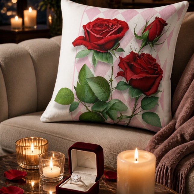 Red Roses and Pink and White Diamond Pattern Throw Pillow (Creator Uploaded)