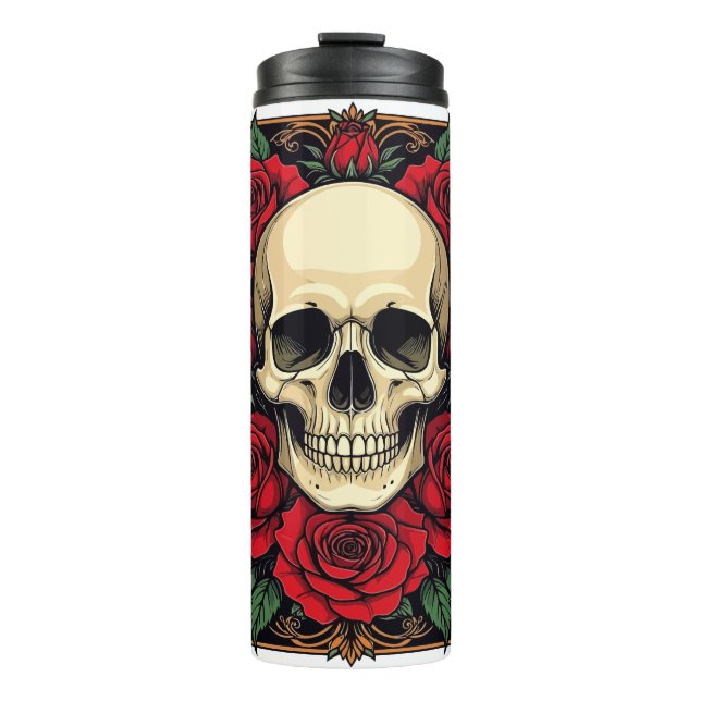 Red Roses And Skeletal Skull Art Nouveau Thermal Tumbler (Front)