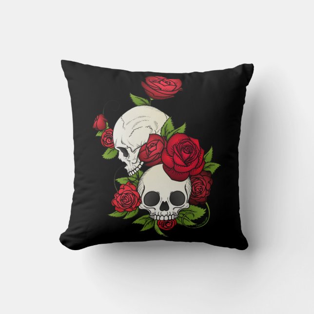 Red Roses and Skulls Happy Day of the Dead Throw Pillow (Front)