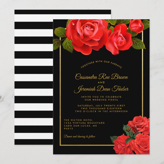 Red Roses and Stripes Formal Wedding Invitation (Front/Back)