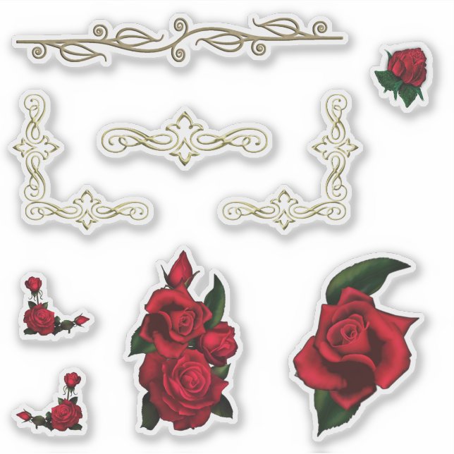 Red Roses and Vintage Gold Scrolled Sticker Set (Front)