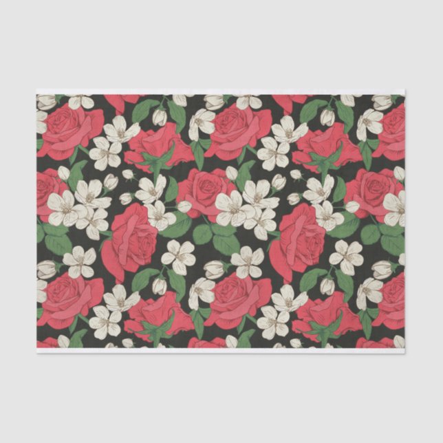 Red Roses and White Flowers Illustrations Pattern Tissue Paper (Front)