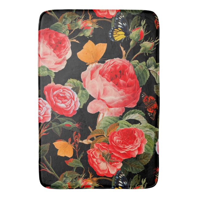 RED  ROSES AND YELLOW BUTTERFLIES Black Floral Bath Mat (Front Vertical)