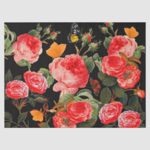 RED ROSES AND YELLOW BUTTERFLIES Black Floral Tissue Paper