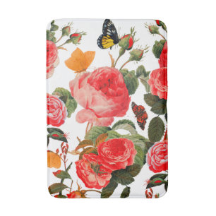 RED ROSES AND YELLOW BUTTERFLIES White Floral Bath Mat
