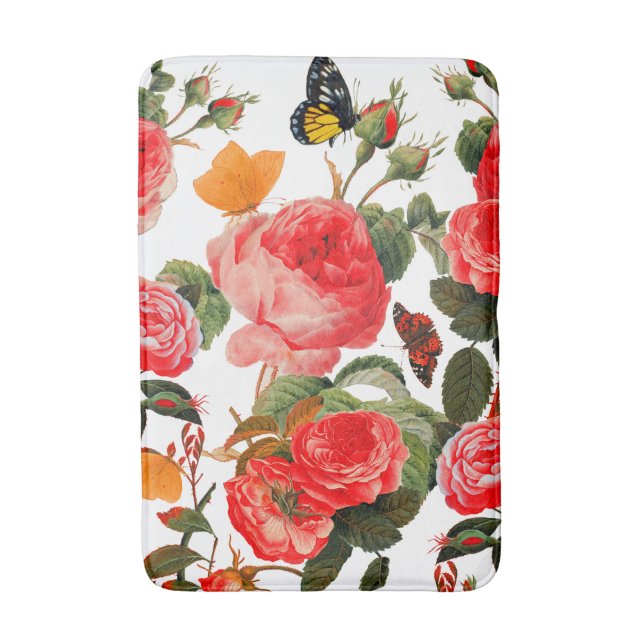 RED ROSES AND YELLOW BUTTERFLIES White Floral Bath Mat (Front Vertical)