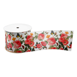 RED ROSES AND YELLOW BUTTERFLIES White Floral Satin Ribbon
