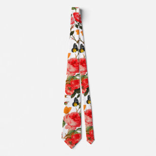 RED ROSES AND YELLOW BUTTERFLIES White Floral Tie