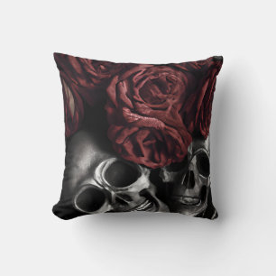 Red Roses Around Skulls Gothic  Throw Pillow
