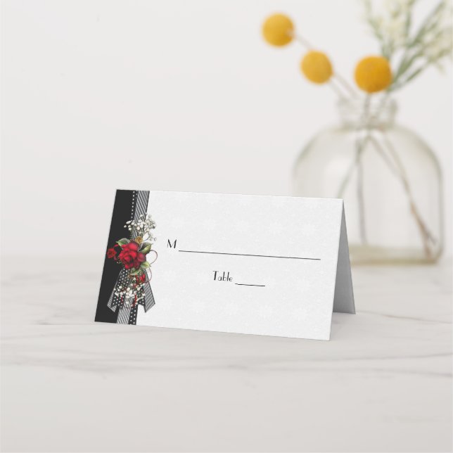 Red Roses Baby's Breath Black Ribbons Place Cards (Front)