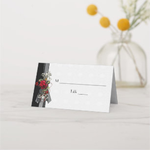 Red Roses Baby's Breath Black Ribbons Place Cards