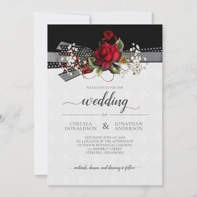 Red Roses Baby's Breath Calligraphy Wedding Announcement (Front)
