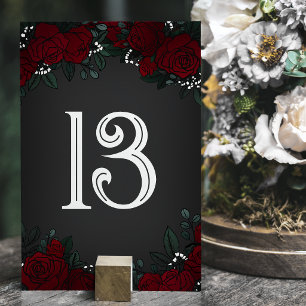 Red Roses Baby's Breath Dark Romance Wedding Table Number