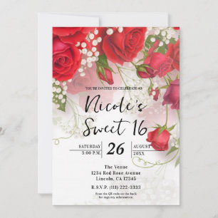 Red Roses & Babys Breath Elegant Floral Sweet 16 Invitation
