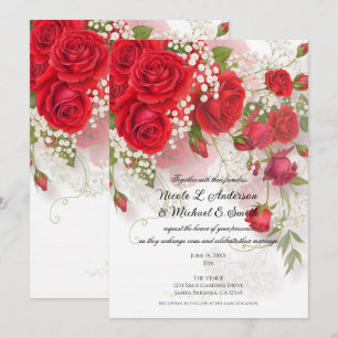 Red Roses & Babys Breath Elegant Floral Wedding  Invitation
