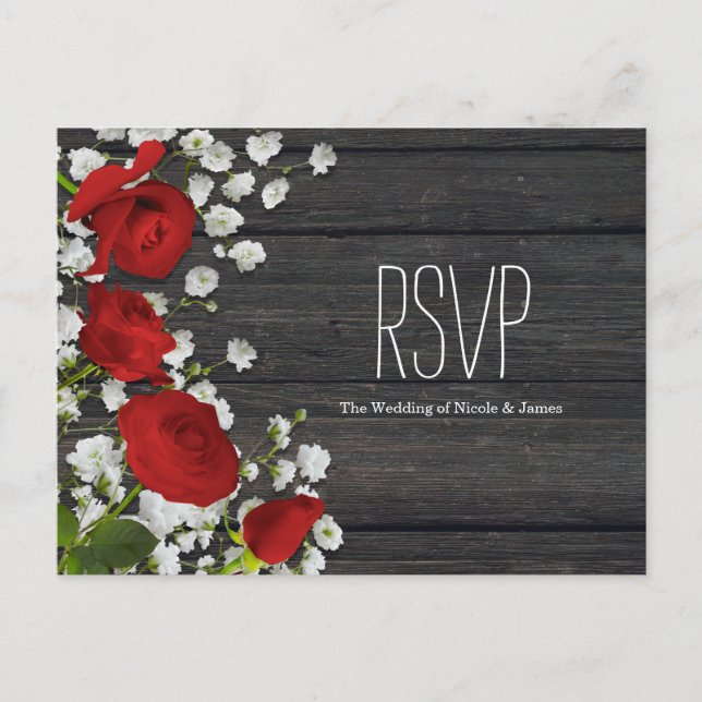 Red Roses & Baby's Breath on Wood RSVP Invitation Postcard (Front)
