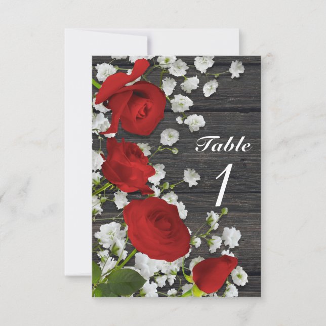 Red Roses & Baby's Breath on Wood Table Number (Front)