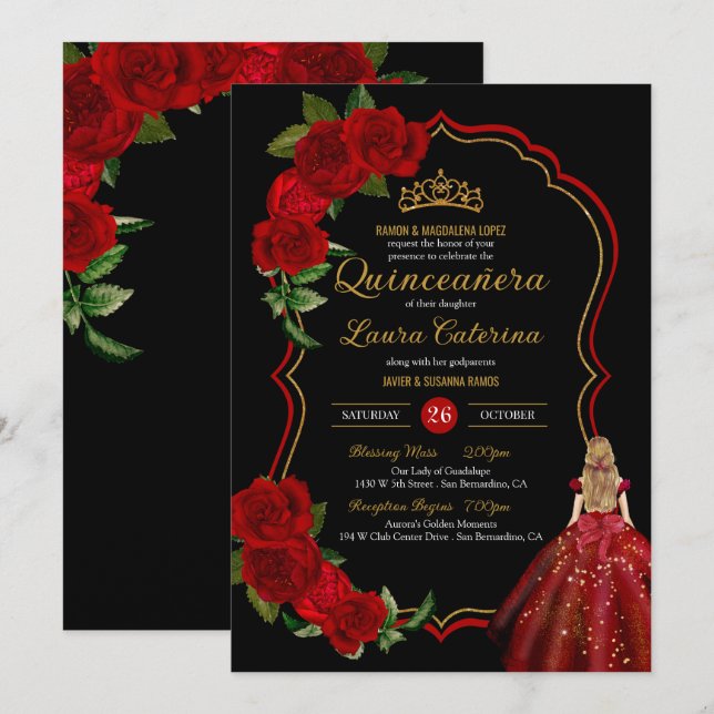 Red Roses Black and Gold Elegant Dress Quinceanera Invitation (Front/Back)
