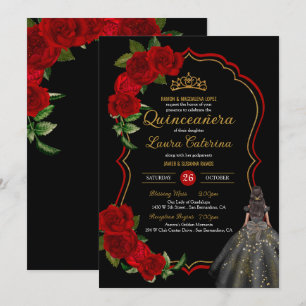 Red Roses Black and Gold Elegant Dress Quinceanera Invitation