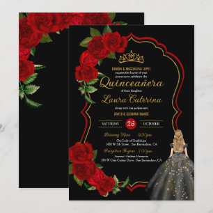 Red Roses Black and Gold Elegant Dress Quinceanera Invitation