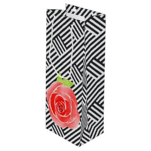 Red Roses Black and White Stripes Wine Gift Bag