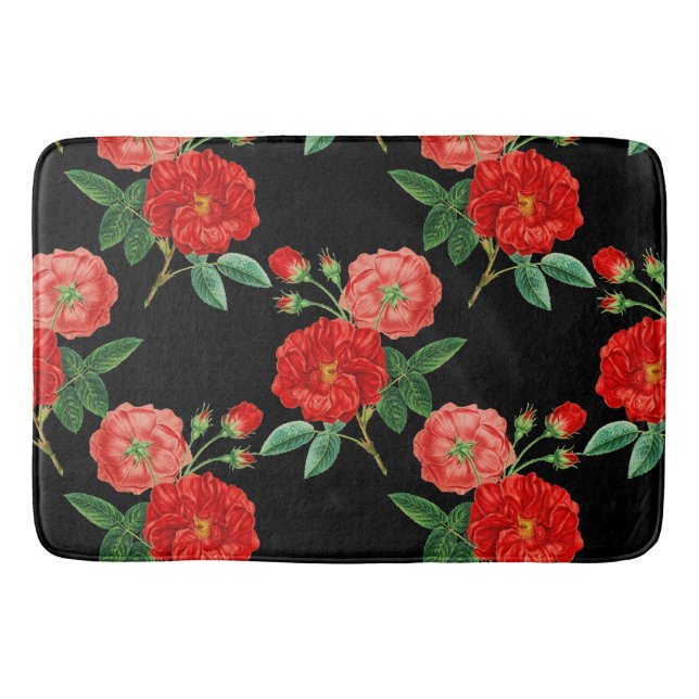 Red Roses, Black Background, Bath Mat (Front)