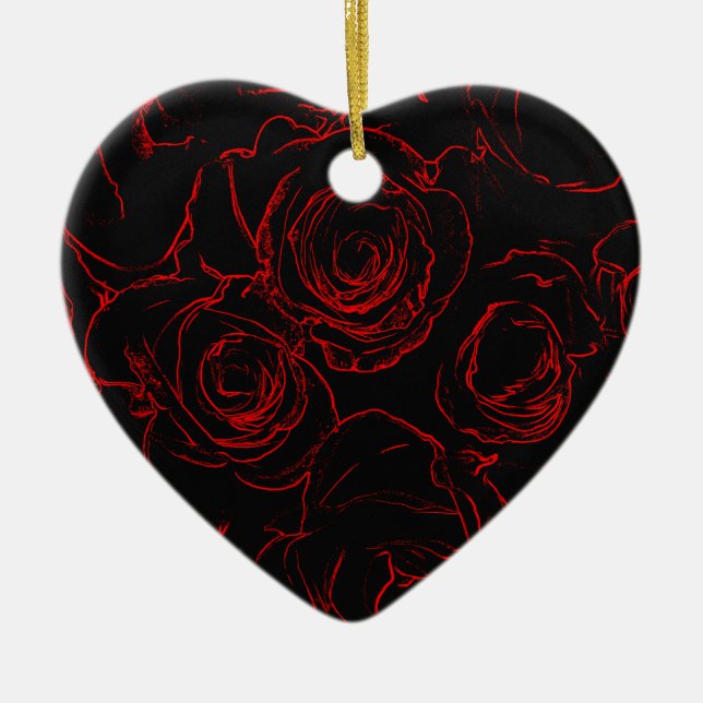 Red Roses Black Background Ceramic Ornament (Front)