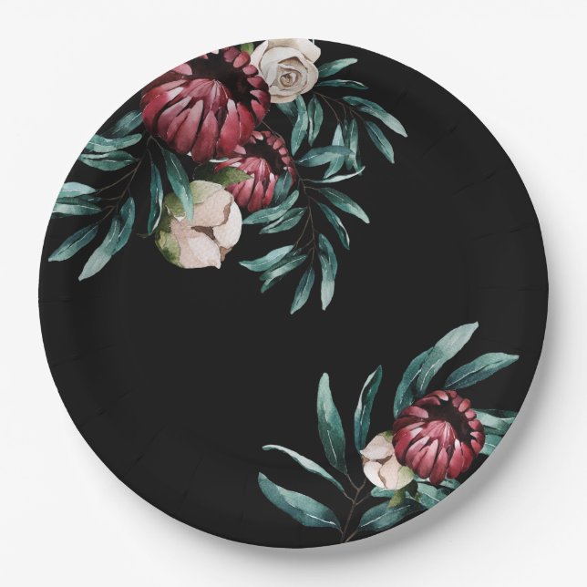 Red Roses Black Background Elegant Script Paper Plate (Front)