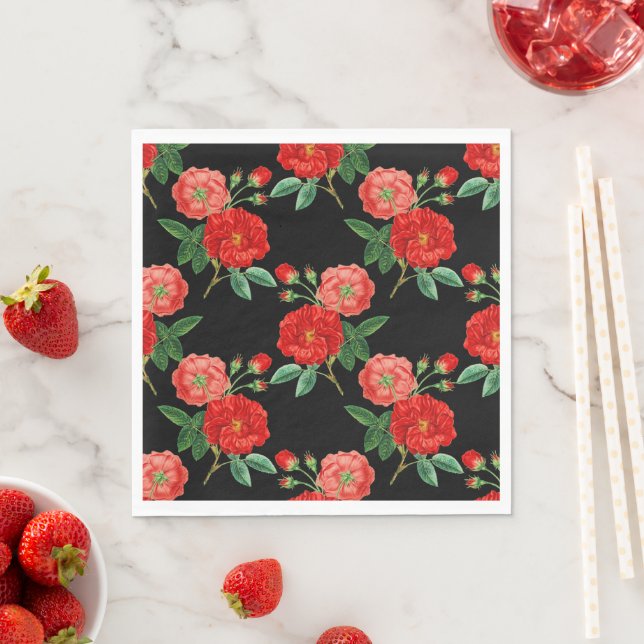 Red Roses, Black Background, Napkin (Insitu)