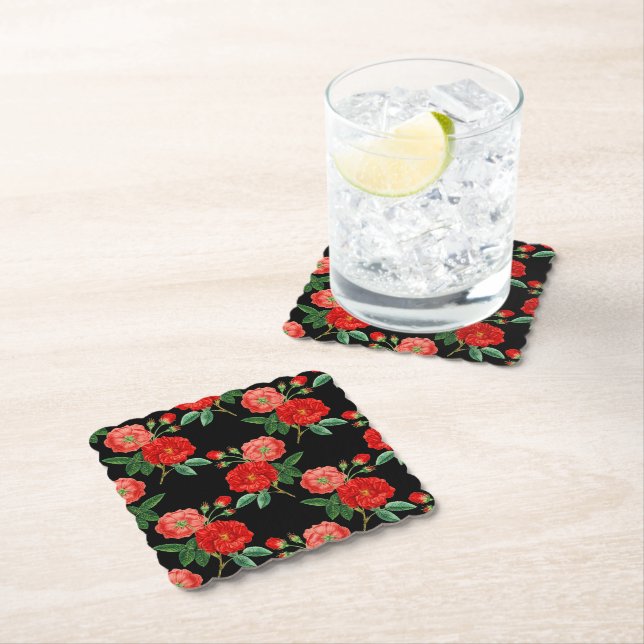 Red Roses, Black Background, Paper Coaster (Insitu)