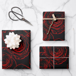 Red Roses Black Background Wrapping Paper Sheet